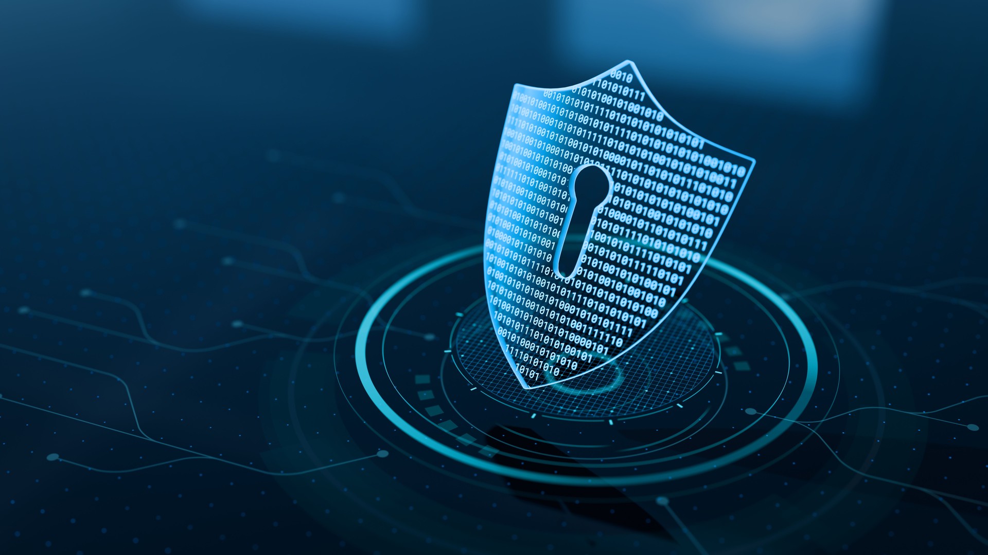 Cyber security and data protection on internet. Shield, secure access and encrypted connection protecting online information. Password protected system. Cybersecurity technology. Holographic icon.